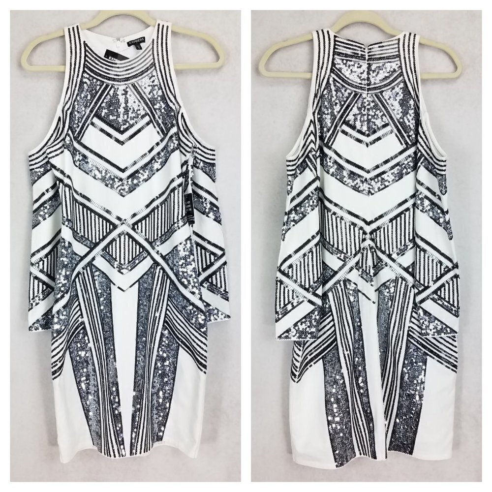 NEW EXPRESS Size M Long sleeves Cold Shoulder Sequined Dress White NEW w flaw